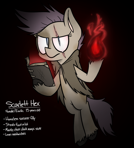 Size: 1086x1200 | Tagged: safe, artist:modocrisma, derpibooru import, oc, oc:scarlett hex, unofficial characters only, earth pony, pony, alternate universe, au:lbau, black background, book, cape, cloak, clothes, dark magic, determined, earth pony magic, eye scar, female, floating, hoof hold, looking at you, magic, scar, simple background, solo, sorcerer, sorceress, spell, spellbook, spots, teenager, unshorn fetlocks