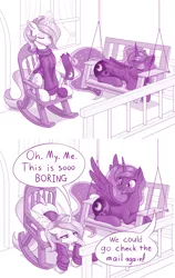 Size: 1280x2020 | Tagged: safe, artist:dstears, derpibooru import, princess celestia, princess luna, alicorn, pony, the last problem, 2 panel comic, alternate hairstyle, bored, clothes, comic, cute, cutelestia, dialogue, excited, eyes closed, female, irrational exuberance, knitting, lunabetes, mare, monochrome, oh my celestia, prone, retirement, royal sisters, siblings, sisters, sleeping, smiling, speech bubble, spread wings, sweater, swing, that pony sure does love the post office, wings, yarn, yarn ball