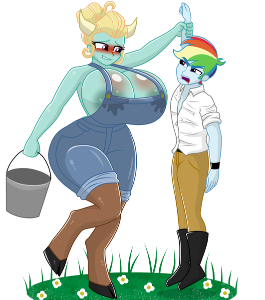 Size: 2300x2600 | Tagged: questionable, artist:mashoart, derpibooru import, rainbow dash, zephyr breeze, minotaur, equestria girls, aura winds, big breasts, blushing, breasts, bucket, busty aura winds, cow girl, equestria guys, halloween, holiday, horn, lactation, lip bite, milk, milk squirt, rainbow blitz, rule 63, size difference, species swap, touch the cow