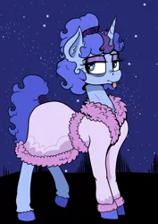 Size: 2722x3838 | Tagged: safe, artist:paskanaakka, derpibooru import, oc, oc:midnight dew, unofficial characters only, pony, unicorn, alternate hairstyle, bathrobe, clothes, colored hooves, ear fluff, female, mare, night, older, robe, solo, stars, tail wrap, tongue out, unshorn fetlocks