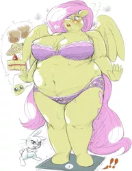 Size: 771x1000 | Tagged: suggestive, artist:gabrielcoroum, derpibooru import, angel bunny, fluttershy, anthro, bat pony, pegasus, pony, unguligrade anthro, bbw, belly, belly button, big belly, big breasts, blushing, blushing ears, blushing profusely, bra, breasts, busty fluttershy, cake, cheesecake, clothes, colored, confusion, corn, double chin, drool, fat, fattershy, female, flutterbat, flutterthighs, food, huff, hungry, implied weight gain, muffin, obese, out of breath, panties, panting, race swap, scale, sketch, solo, surprised, sweat, thighs, thunder thighs, trembling, underwear, weighing