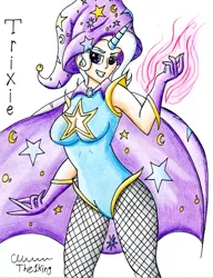 Size: 839x1095 | Tagged: artist:the1king, breasts, cape, cleavage, clothes, derpibooru import, fishnet pantyhose, gloves, hat, horn, horned humanization, human, humanized, leotard, solo, suggestive, trixie, trixie's cape, trixie's hat