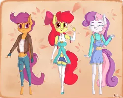Size: 2500x2000 | Tagged: safe, artist:neko-me, derpibooru import, apple bloom, scootaloo, sweetie belle, anthro, earth pony, pegasus, unguligrade anthro, unicorn, abstract background, apple buruma project, belly button, bow, breasts, busty apple bloom, busty scootaloo, busty sweetie belle, clothes, cutie mark, cutie mark crusaders, eyes closed, fingerless gloves, gloves, hair bow, jacket, jeans, looking at you, midriff, older, older apple bloom, older scootaloo, older sweetie belle, pants, peace sign, ripped pants, socks, stockings, thigh highs, trio