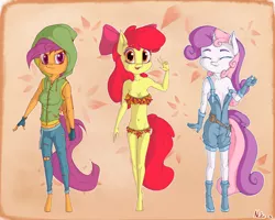 Size: 2500x2000 | Tagged: safe, alternate version, artist:neko-me, derpibooru import, apple bloom, scootaloo, sweetie belle, anthro, earth pony, pegasus, unguligrade anthro, unicorn, abstract background, apple buruma project, autumn, boots, bow, breasts, busty apple bloom, busty scootaloo, busty sweetie belle, clothes, cutie mark, cutie mark crusaders, eyes closed, female, fingerless gloves, gloves, hair bow, hoodie, jeans, leaf, looking at you, midriff, older, older apple bloom, older scootaloo, older sweetie belle, overalls, pants, peace sign, ripped pants, shoes, sleeveless, toolbelt, torn clothes, trio