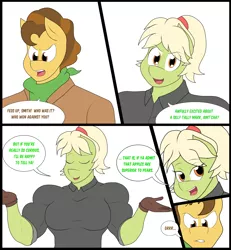Size: 3128x3384 | Tagged: safe, artist:matchstickman, derpibooru import, grand pear, granny smith, anthro, earth pony, comic:free cider, biceps, breasts, busty granny smith, clothes, comic, deltoids, dialogue, duo, female, granny smash, growling, looking at you, male, mare, muscles, shrug, simple background, speech bubble, stallion, talking to viewer, white background, younger, young grand pear, young granny smith