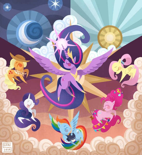 Size: 2856x3135 | Tagged: safe, artist:gravityfying, derpibooru import, applejack, fluttershy, pinkie pie, princess twilight 2.0, rainbow dash, rarity, twilight sparkle, twilight sparkle (alicorn), alicorn, earth pony, pegasus, pony, unicorn, the last problem, backwards cutie mark, blush sticker, blushing, cloud, cowboy hat, eyes closed, female, granny smith's scarf, hat, lineless, mane six, mare, moon, older, older applejack, older fluttershy, older mane six, older pinkie pie, older rainbow dash, older rarity, older twilight, pointy ponies, spread wings, sun, wings