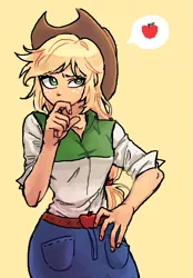 Size: 527x756 | Tagged: safe, artist:nairdags, derpibooru import, applejack, equestria girls, apple, beautiful, belt, clothes, cowboy hat, cowgirl, cute, denim skirt, female, food, freckles, green eyes, hand on hip, hat, jackabetes, pictogram, simple background, skirt, solo, speech bubble, stetson, that pony sure does love apples, thinking, woman, yellow background, yellow hair