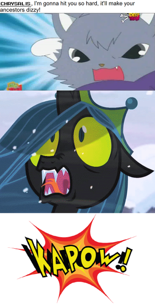 Size: 796x1561 | Tagged: angry, anime, artist:mega-poneo, cat, changeling, changeling queen, comic, crossover, derpibooru import, dialogue, dian, edit, edited screencap, female, jewelpet, kapow, mega poneo strikes again, meme, mulan, oh crap, punch, queen chrysalis, safe, sanrio, screencap, screencap comic, sega, the ending of the end, ultimate chrysalis, yao