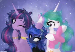 Size: 4542x3204 | Tagged: safe, artist:darkest-lunar-flower, derpibooru import, princess celestia, princess luna, princess twilight 2.0, twilight sparkle, twilight sparkle (alicorn), alicorn, pony, the last problem, clothes, female, mare, one eye closed, royal sisters, size difference, smol, tongue out, trio, wink