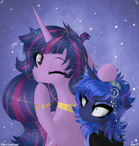 Size: 3342x3504 | Tagged: safe, artist:darkest-lunar-flower, derpibooru import, princess luna, princess twilight 2.0, twilight sparkle, twilight sparkle (alicorn), alicorn, pony, the last problem, clothes, duo, female, mare, one eye closed, tongue out, wink