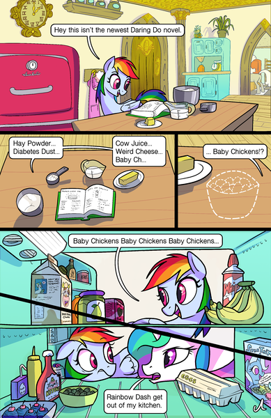 Size: 1990x3072 | Tagged: safe, artist:docwario, derpibooru import, bon bon, daisy jo, discord, princess celestia, rainbow dash, sweetie drops, trixie, oc, oc:flaky pastry, oc:pia ikea, alicorn, pony, comic:royal chores v2, banana, beans, book, butter, cake, cereal, cherry, clock, comic, cupcake, dashtober, diabetes, egg, flour, food, jam, jewelry, ketchup, milk, mustard, necklace, offscreen character, olive, pear butter (food), pear jam, recipe, refrigerator, sauce, sugar (food), whipped cream