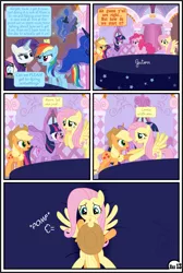 Size: 3255x4839 | Tagged: suggestive, artist:gutovi, derpibooru import, applejack, fluttershy, pinkie pie, princess luna, rainbow dash, rarity, twilight sparkle, twilight sparkle (alicorn), alicorn, earth pony, pegasus, pony, unicorn, comic:why me!?, alternate ending, applejack gets all the mares, bed, blushing, carousel boutique, clothes, comic, female, harem, imminent sex, lesbian, mane six, omniship, owo what's this?, polyamory, polygamy, pomf, shipping, show accurate, show accurate porn, spread wings, sticky note, wingboner, wings