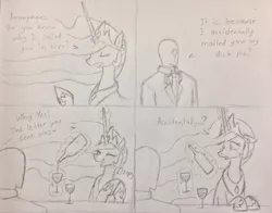 Size: 1136x890 | Tagged: suggestive, artist:kabayo, derpibooru import, princess celestia, oc, oc:anon, alicorn, human, pony, /mlp/, 4chan, alcohol, comic, disappointed, drawthread, female, image, jpeg, male, mare, meme, monochrome, ponified meme, speech bubble, text, traditional art, wine