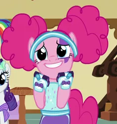 Size: 626x659 | Tagged: safe, derpibooru import, screencap, pinkie pie, rainbow dash, rarity, pony, scare master, clothes, costume, cropped, cute, diapinkes, nightmare night, nightmare night costume, pinkie puffs, roller skates, smiling, solo focus, sugarcube corner