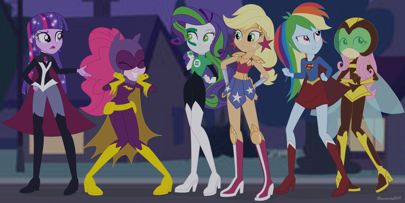 Size: 7188x3606 | Tagged: safe, artist:rosesweety, derpibooru import, applejack, fluttershy, pinkie pie, rainbow dash, rarity, twilight sparkle, equestria girls, batgirl, blonde, boots, bumblebee, clothes, cosplay, costume, dc comics, dc superhero girls, female, green lantern, hatless, high heel boots, humane five, mane six, miniskirt, missing accessory, shoes, skirt, supergirl, wonder woman, wonderjack, zatanna