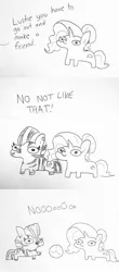 Size: 1200x2717 | Tagged: safe, artist:tjpones, derpibooru import, luster dawn, twilight sparkle, oc, oc:zizzie, pony, unicorn, zebra, ball, comic, dialogue, female, friendshipping, gone horribly right, grayscale, implied twilight sparkle, lustie, make some friends, mare, monochrome, offscreen character, playing, quadrupedal, racism, squatpony, twiggie, twiggie 2.0, ziggers