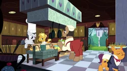Size: 1920x1080 | Tagged: safe, derpibooru import, screencap, gourmand ramsay, port wine, puff pastry, rumble, earth pony, pegasus, pony, unicorn, the last problem, background pony, balancing, canterlot, chef, chef outfit, chef's hat, clothes, colt, continuity, cook, frying pan, gordon ramsay, hat, hors d'oeuvre, kitchen, male, pot, stallion, suspenders, tuxedo, waiter