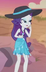 Size: 635x1004 | Tagged: safe, derpibooru import, screencap, rarity, aww... baby turtles, equestria girls, equestria girls series, beach, beach babe, bikini, bikini top, clothes, cropped, female, geode of shielding, hat, legs, magical geodes, midriff, outdoors, sarong, solo, sun hat, swimsuit
