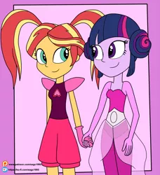 Size: 2377x2605 | Tagged: safe, artist:eagc7, derpibooru import, sunset shimmer, twilight sparkle, equestria girls, clothes, commission, cosplay, costume, female, holding hands, ko-fi, lesbian, patreon, pink pearl, shipping, simple background, spinel (steven universe), steven universe, sunsetsparkle