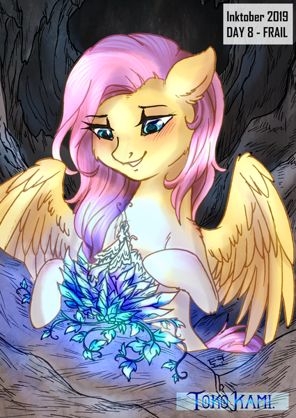 Size: 2149x3035 | Tagged: safe, artist:tokokami, derpibooru import, fluttershy, pegasus, pony, female, flower, glow, inktober, inktober 2019, mare, solo