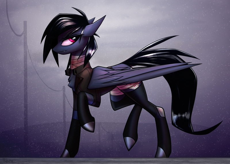 Size: 4200x2988 | Tagged: semi-grimdark, artist:fenixdust, derpibooru import, oc, oc:elixir, pegasus, pony, bandage, blood, chest fluff, clothes, female, mare, solo