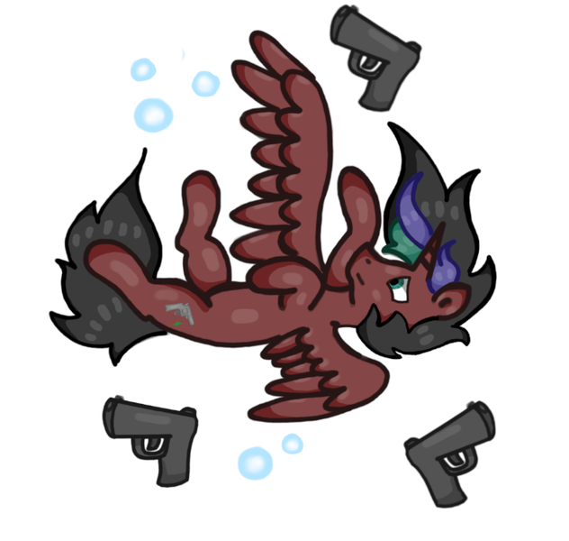 Size: 707x671 | Tagged: safe, artist:hunterthewastelander, derpibooru import, oc, oc:rimfire cazador, unofficial characters only, alicorn, pony, alicorn oc, falling, gun, horn, male, simple background, solo, stallion, weapon, white background, wings