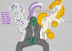 Size: 3000x2136 | Tagged: suggestive, artist:anonymous, derpibooru import, pear butter, twilight velvet, oc, oc:anon, earth pony, human, pony, unicorn, /mlp/, 4chan, ass, butt, butt touch, clothes, dialogue, dock, female, flirting, grin, looking back, mare, milf, miss /mlp/, miss /mlp/ 2019, nervous, nervous grin, open mouth, pants, plot, rear view, smiling, suit, sweat, the ass was fat