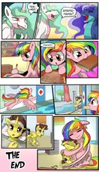 Size: 1800x3100 | Tagged: safe, artist:candyclumsy, author:bigonionbean, derpibooru import, princess celestia, princess luna, oc, oc:candy clumsy, oc:tommy the human, alicorn, dragon, pegasus, pony, comic:celestia's cronenberg, alicorn oc, bandage, bed, bickering sisters, book, butt, colt, comic, commissioner:bigonionbean, different view of reality, dragoness, dragonified, dragonlestia, female, food, horn, hospital, hospital bed, hugging a pony, laughing, lunadragon, male, meat, moonbutt, pegasus oc, species swap, wings