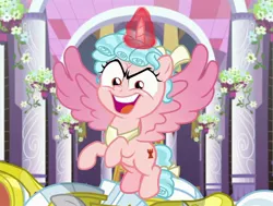 Size: 876x663 | Tagged: safe, derpibooru import, screencap, cozy glow, alicorn, pony, the ending of the end, alicornified, cozy glow is best facemaker, cozycorn, cropped, faic, female, filly, looking at you, open mouth, pure concentrated unfiltered evil of the utmost potency, pure unfiltered evil, race swap, royal guard, solo focus, spread wings, wings