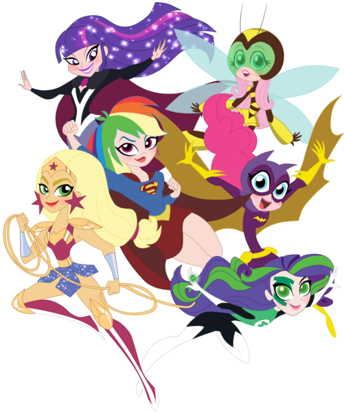 Size: 4590x5500 | Tagged: applejack, artist:rosesweety, batgirl, bumblebee, dc superhero girls, derpibooru import, fluttershy, green lantern, human, humanized, mane six, pinkie pie, rainbow dash, rarity, safe, supergirl, twilight sparkle, wonder woman, zatanna