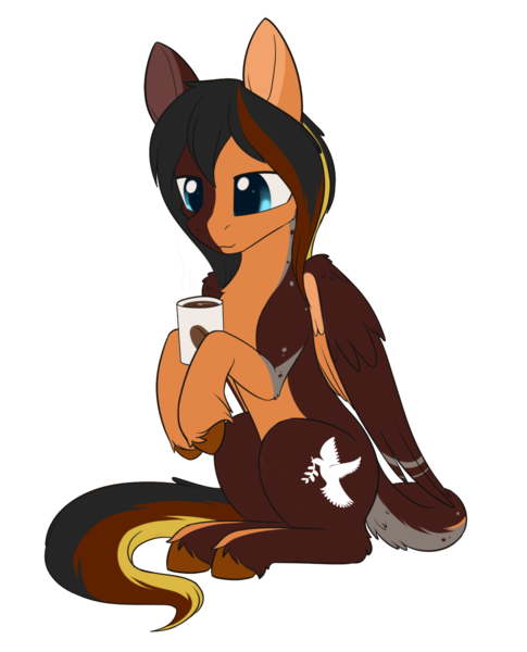 Size: 1194x1476 | Tagged: safe, alternate version, artist:dusthiel, derpibooru import, oc, oc:daniel dasher, unofficial characters only, dracony, dragon, hybrid, pegasus, pony, coffee, commission, gift art, leonine tail, male, simple background, sitting, smiling, solo, stallion, transparent background