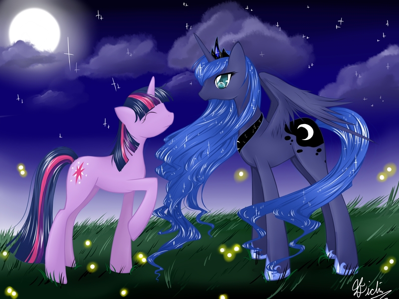 Size: 6000x4500 | Tagged: safe, artist:spidershii, derpibooru import, princess luna, twilight sparkle, alicorn, pony, unicorn, cutie mark, duo, ethereal mane, eyes closed, female, grass, jewelry, mare, moon, night, raised hoof, regalia, starry mane, unicorn twilight