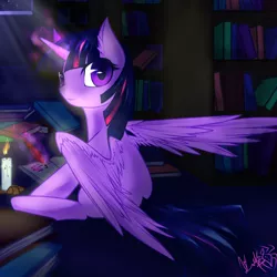 Size: 3500x3500 | Tagged: safe, artist:spidershii, derpibooru import, twilight sparkle, twilight sparkle (alicorn), alicorn, pony, book, bookshelf, candle, ear fluff, female, glowing horn, horn, library, looking at you, looking back, looking back at you, magic, mare, night, quill, sitting, solo, spread wings, studying, telekinesis, wings, writing