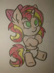 Size: 2366x3221 | Tagged: safe, artist:crystal2riolu, derpibooru import, sunset shimmer, pony, unicorn, baby, baby pony, babyset shimmer, bow, cute, diaper, female, foal, hair bow, shimmerbetes, solo, traditional art, younger