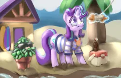 Size: 1545x1000 | Tagged: safe, artist:paleheart-arts, deleted from derpibooru, derpibooru import, phyllis, starlight glimmer, pony, unicorn, beach, glowing horn, horn, kite, kite flying, solo, sunglasses