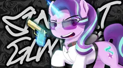 Size: 9000x5051 | Tagged: safe, artist:calveen, derpibooru import, starlight glimmer, pony, unicorn, clothes, ear fluff, glasses, glowing horn, gold, gun, handgun, hoodie, horn, levitation, looking at something, magic, open mouth, pistol, solo, tail, teeth, telekinesis, tongue out, weapon