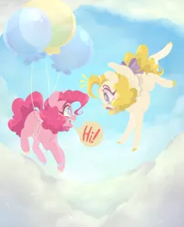 Size: 1500x1852 | Tagged: safe, artist:physisinwonderland, derpibooru import, pinkie pie, surprise, earth pony, pegasus, pony, balloon, bow, cloud, colored hooves, duo, floating, flying, g1, g1 to g4, generation leap, speech bubble, tail bow, then watch her balloons lift her up to the sky