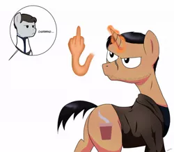 Size: 1000x877 | Tagged: safe, artist:wolftenpr0nz, derpibooru import, ponified, pegasus, pony, unicorn, detroit: become human, duo, gavin reed, gay, glowing horn, hand, horn, magic, magic hands, male, middle finger, nines, rk900, simple background, stallion, unimpressed, vulgar, white background