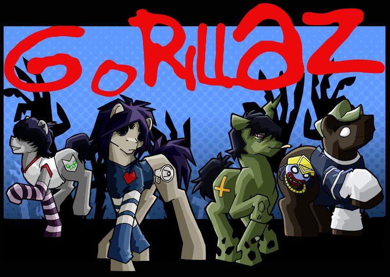 Size: 800x568 | Tagged: safe, artist:clueless-nu, derpibooru import, ponified, pony, female, full body, gorillaz, male, mare, stallion