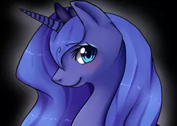 Size: 1200x855 | Tagged: safe, artist:ninetail-fox, derpibooru import, princess luna, alicorn, pony, black background, blushing, bust, cute, female, jewelry, looking at you, lunabetes, mare, portrait, profile, s1 luna, simple background, smiling, solo, tiara