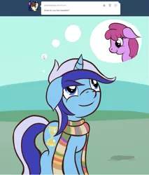 Size: 1015x1193 | Tagged: safe, artist:captainbritish, derpibooru import, berry punch, berryshine, minuette, pony, clothes, colgateanswers, filly minuette, scarf, thought bubble, younger