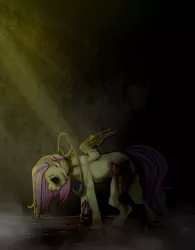Size: 577x739 | Tagged: grimdark, artist:ninetail-fox, derpibooru import, fluttershy, pegasus, pony, amnesia the dark descent, amnesiashy, black sclera, blood, chains, crepuscular rays, crossover, female, fluttersuitor, impalement, injured, mare, plucked wings, solo, suitorshy, wings