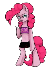 Size: 1200x1600 | Tagged: semi-grimdark, artist:ninetail-fox, derpibooru import, pinkie pie, earth pony, pony, .mov, party.mov, bipedal, blood, cigarette, clothes, eyebrows, eyeshadow, female, human shoulders, lipstick, makeup, mare, miniskirt, simple background, skirt, smoking, solo, transparent background, tube skirt, tube top, vulgar