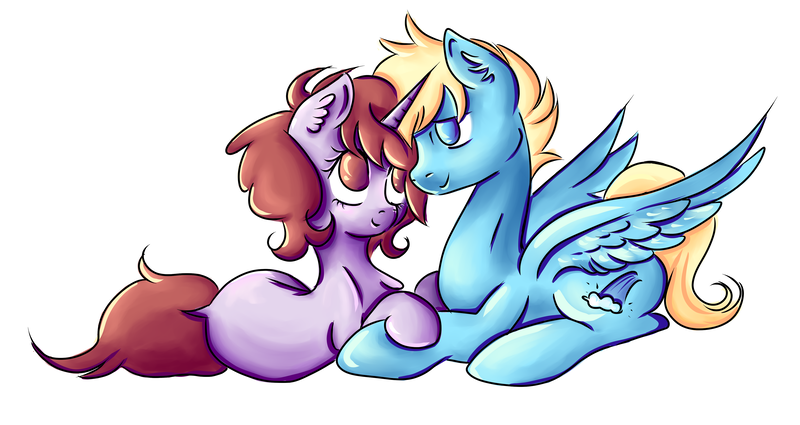 Size: 4224x2243 | Tagged: safe, artist:coco-drillo, derpibooru import, oc, oc:dorm pony, oc:wild waterfall, pegasus, pony, unicorn, affection, blonde mane, blue coat, blue eyes, brown eyes, brown mane, chest fluff, colourful, commission, cute, ear fluff, eye contact, gray coat, laying on stomach, looking at each other, love, oc x oc, shipping, side, unprotected hoof holding