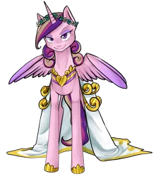 Size: 1147x1300 | Tagged: safe, artist:ninetail-fox, derpibooru import, princess cadance, queen chrysalis, alicorn, changeling, changeling queen, pony, a canterlot wedding, clothes, disguise, disguised changeling, dress, eyeshadow, fake cadance, female, floral head wreath, flower, lidded eyes, looking at you, makeup, mare, simple background, slit eyes, slit pupils, smiling, smirk, solo, spread wings, transparent background, wedding dress, wings