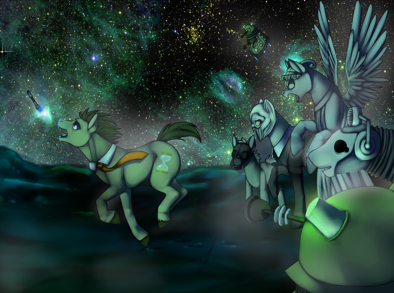 Size: 1600x1187 | Tagged: safe, artist:ninetail-fox, derpibooru import, doctor whooves, time turner, ponified, cyberman, earth pony, pegasus, pony, angel, cutie mark, dalek, doctor who, female, fleeing, gas mask, male, mare, mask, open mouth, running, sonic screwdriver, space, stallion, stars, statue, the empty child, the silence, weeping angel