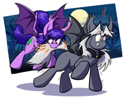 Size: 3500x2644 | Tagged: safe, artist:virmir, derpibooru import, oc, oc:amethyst sniper, oc:virmare, oc:virmir, unofficial characters only, bat pony, pony, bat ponified, bat pony oc, bat tag 2019, bat wings, biting, cape, clothes, full moon, moon, race swap, simple background, tail bite, transformation, transparent background, wings