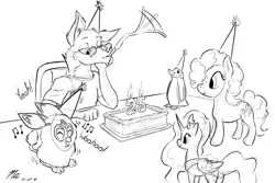 Size: 3000x2000 | Tagged: artist:magnificent-arsehole, bird, birthday cake, cake, derpibooru import, food, furby, furry, huskie, non-mlp oc, oc, penguin, pinkie pie, princess luna, safe