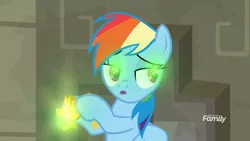 Size: 1920x1080 | Tagged: safe, derpibooru import, screencap, rainbow dash, pegasus, pony, daring doubt, bedroom eyes, discovery family logo, faic, glow, glowing eyes, mid-blink screencap, smug, smugdash, solo, truth talisman