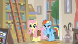 Size: 1920x1080 | Tagged: safe, derpibooru import, screencap, fluttershy, rainbow dash, pony, daring doubt, bag, bedroom eyes, book, bookshelf, bookstore, discovery family logo, duo, ladder, library, saddle bag